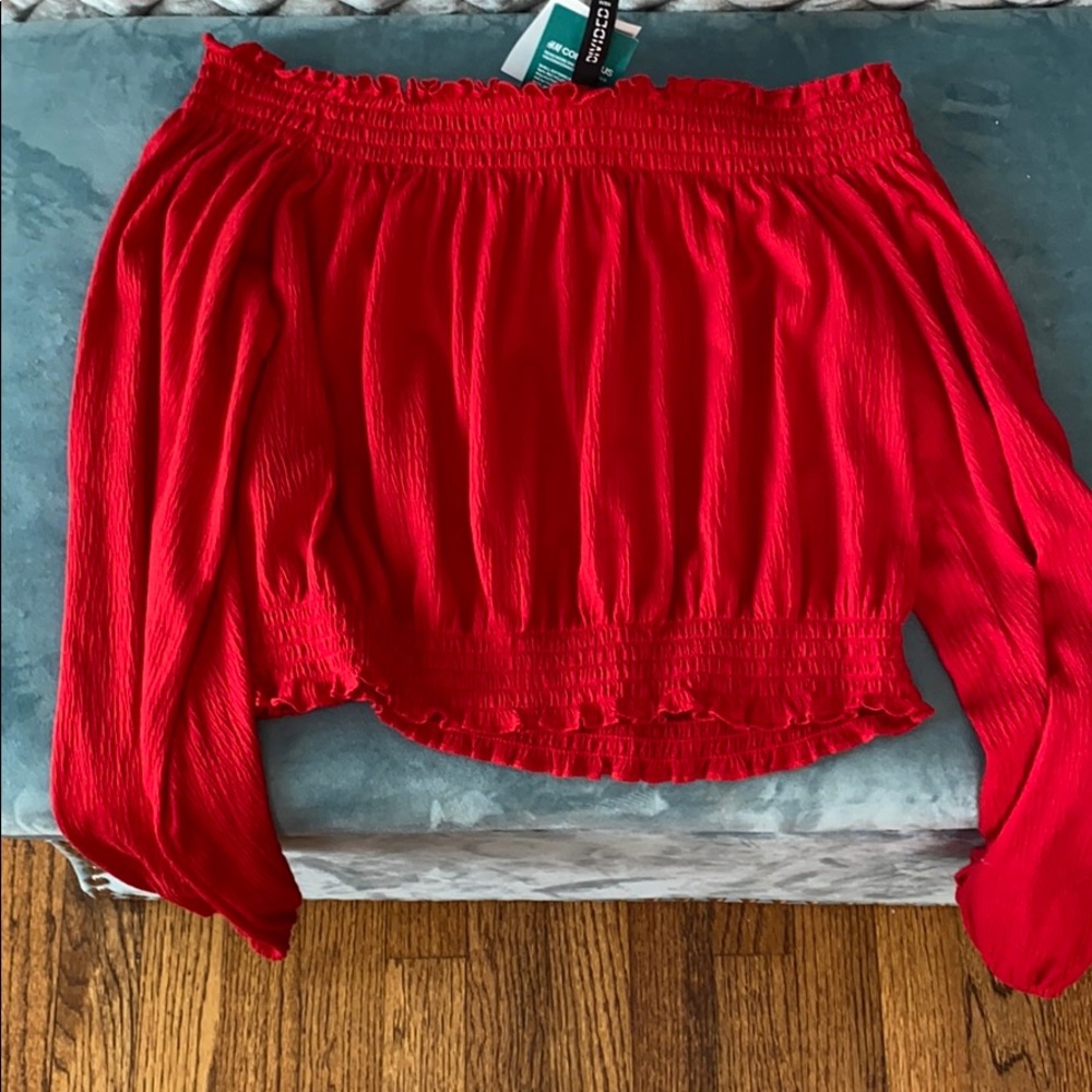 red off shoulder shirt